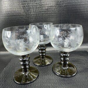Vintage Austrian Vienna Roemer Goblet Glasses Etched BarWare Cups Clear Set 3